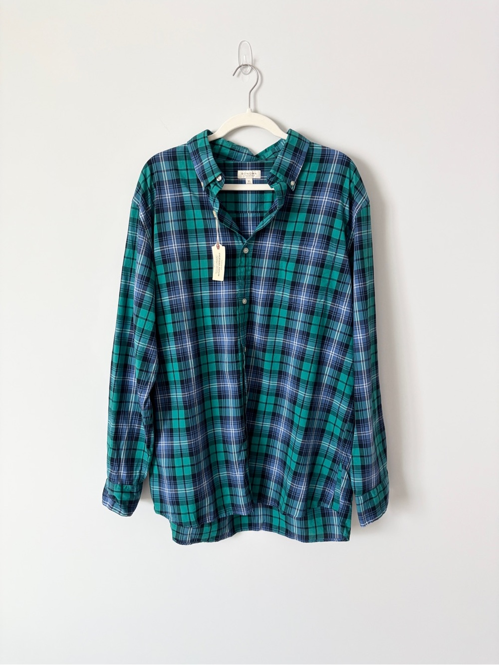NWT Sonoma Men's Green & Blue Plaid Button-Down Shirt “Everyday Poplin”